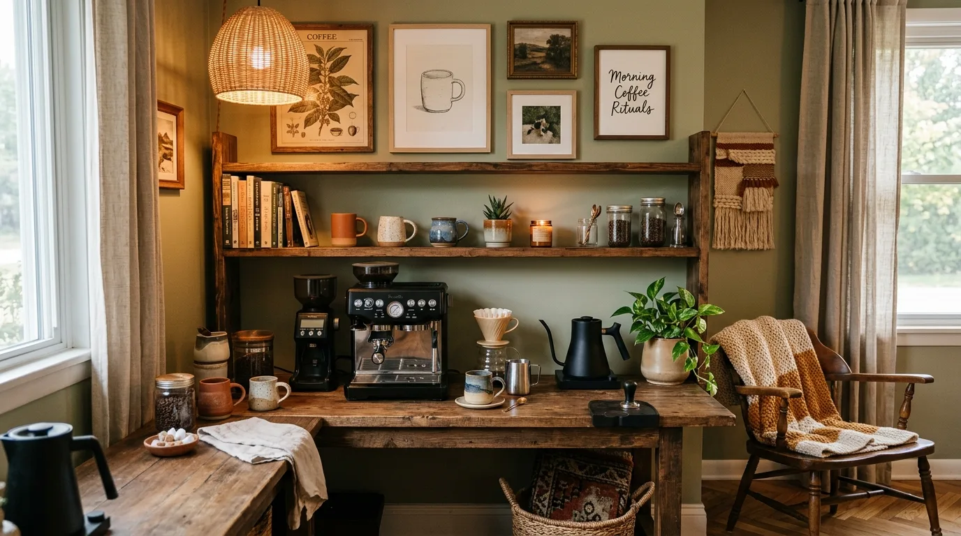 Add art signs or prints with a lighter hand inspiration for a home coffee bar.